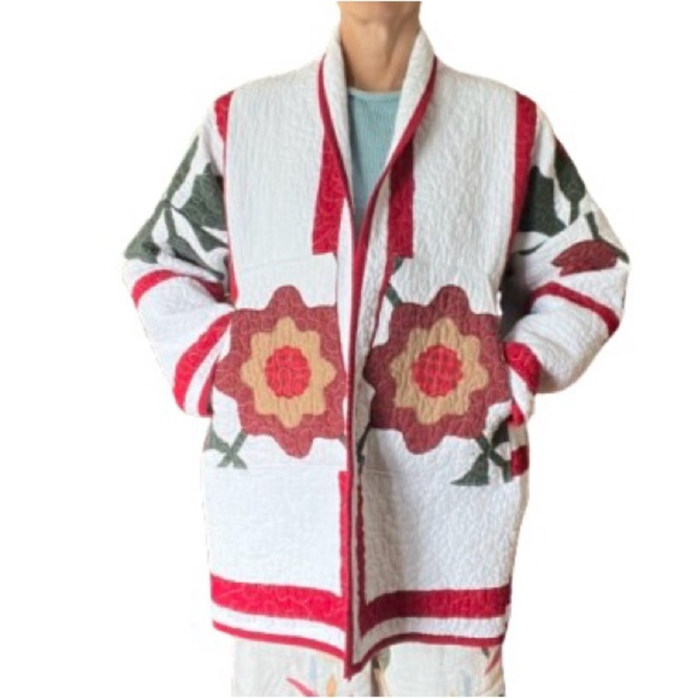 Made by me Quilted Floral Upcycled Jacket coat in White and Red size large